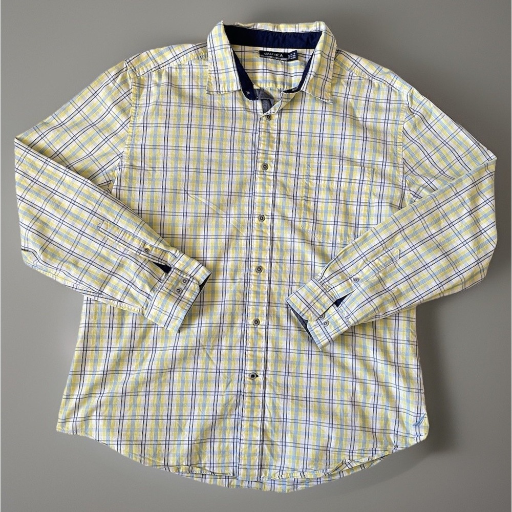 Nautica Long Sleeve Button Up Shirt Yellow Tartan Plaid Embroidered Logo XL JBHS